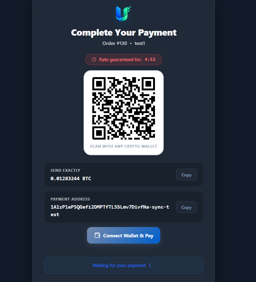 ZeroBeep Crypto Gateway PROduction Payment Screen